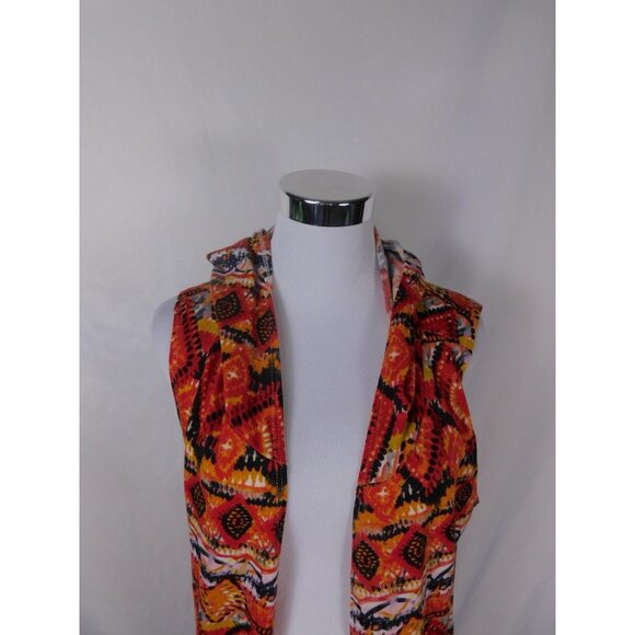 Bohemian Fringe Hooded Vest 1X By Llave Red & Orange Geometric Pattern - Picture 7 of 10